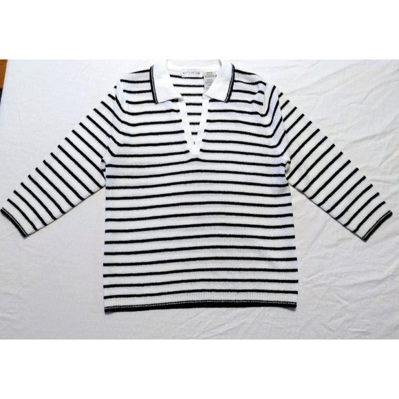 Women's WHITE STAG White/Black Striped V Neck Collar Pull Over Sweater MED - Picture 1 of 3